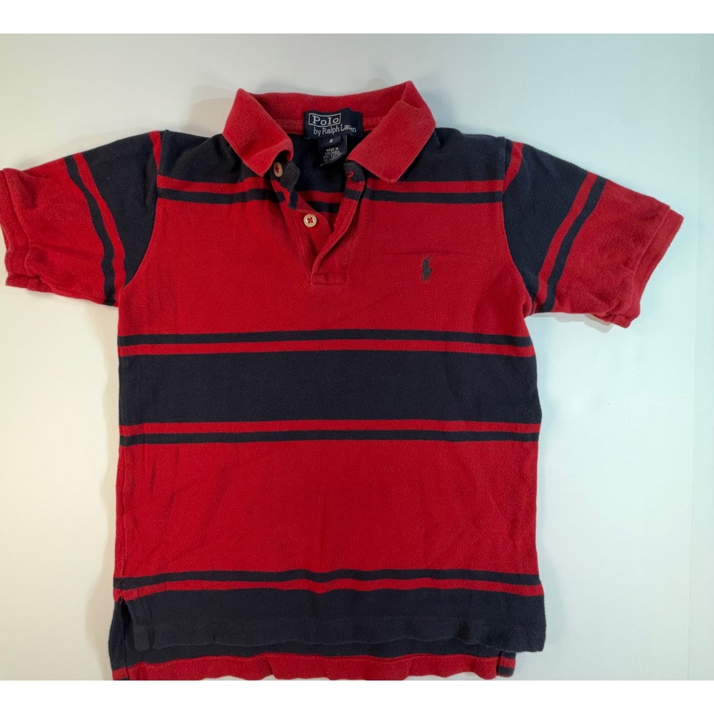 Polo Ralph Lauren Boys Red Navy Blue Striped Short Sleeve Polo Shirt Size 5